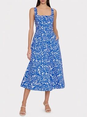 Milly Nia Blue Rose Floral Print Poplin Square Neck Women’s A-line Midi Dress